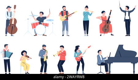 Musicians characters. Musician play at guitar, piano and violin. Classic and modern musical instruments, orchestra and band recent vector set Stock Vector
