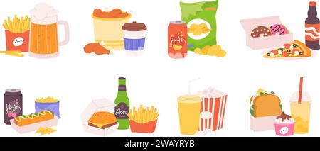 Football fan food. Fast meals, burgers and french fries, popcorn, pizza and soft drinks. Sandwich and ice cream, chips and beer, racy vector set Stock Vector