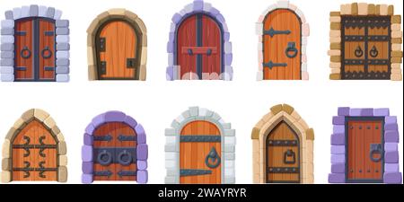 Medieval doors. Isolated cartoon wooden castle gates or dungeon entrance. Wood door with stone arch and metal elements, nowaday vector set Stock Vector