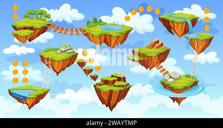 Arcade level map. Rock island platforms for jumping road to goal play 2d video game old computer console floating nature ground gaming world background neoteric vector illustration of game platforms Stock Vector