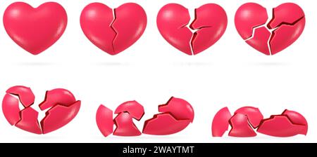 3d cracked hearts. Beautiful whole heart broken on crack pieces, pain love red symbol wedding couple breakup relationship, lonely half heartbreak set nowaday vector illustration of crack shape heart Stock Vector