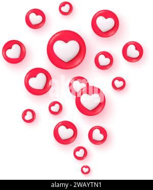 3d heart reaction. Flying like reactions success symbol social media network, love hearts button emoji good internet vote post, promotion communication nowaday vector illustration of like heart media Stock Vector