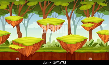 Videogame landscape. 2d video game forest background, arcade play gaming level scene with ground platforms and trees computer backdrop screen, cartoon neoteric vector illustration of videogame Stock Vector