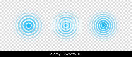 Circle radar wave. Sound ripple icon. Blue effect pulse isolated on transparent background. Signal radio. Pattern sonar. Vibration line. Radial rays Stock Vector