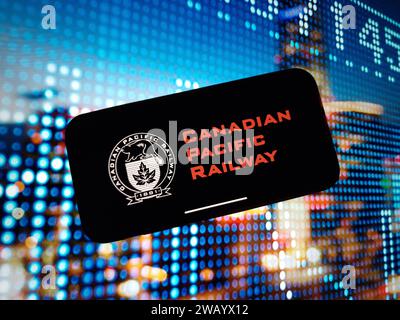 Konskie, Poland - January 07, 2024: Canadian Pacific Railway company logo displayed on mobile phone screen Stock Photo