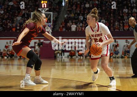 Blacksburg, VA, USA. 7th Jan, 2024. NC State Wolfpack guard Laci Steele (24) looks for an opening during the NCAA women's basketball game between the NC State Wolfpack and the Virginia Tech Hokies at Cassell Coliseum in Blacksburg, VA. Jonathan Huff/CSM/Alamy Live News Stock Photo