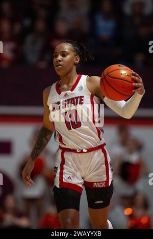 Blacksburg, VA, USA. 7th Jan, 2024. NC State Wolfpack guard Aziaha James (10) handles the ball during the NCAA women's basketball game between the NC State Wolfpack and the Virginia Tech Hokies at Cassell Coliseum in Blacksburg, VA. Jonathan Huff/CSM/Alamy Live News Stock Photo