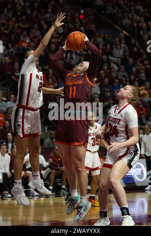 Blacksburg, VA, USA. 7th Jan, 2024. Virginia Tech Hokies guard Matilda Ekh (11) drives into the lane during the NCAA women's basketball game between the NC State Wolfpack and the Virginia Tech Hokies at Cassell Coliseum in Blacksburg, VA. Jonathan Huff/CSM/Alamy Live News Stock Photo