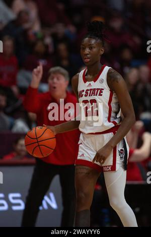 Blacksburg, VA, USA. 7th Jan, 2024. NC State Wolfpack guard Saniya Rivers (22) dribbles the ball during the NCAA women's basketball game between the NC State Wolfpack and the Virginia Tech Hokies at Cassell Coliseum in Blacksburg, VA. Jonathan Huff/CSM/Alamy Live News Stock Photo