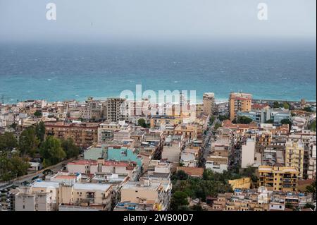 Aranella, Sicily, Italy, December 16, 2023 - High angle view over the village and the bay Stock Photo