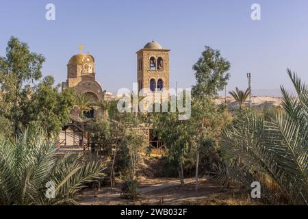 The Greek Orthodox church on the Jordanian side of Jordan river is seen from Palestine at Qasr al-Yahud, West Bank (Jesus Christ Baptismal Site) Stock Photo