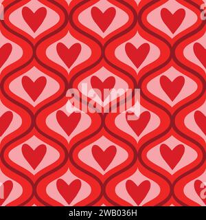 Red hearts on mid century ogee ovals seamless pattern. For Valentines day background, wrapping paper, home décor and fabric Stock Vector