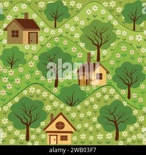 Beautiful houses on green hills with flowers fields and trees seamless pattern. For wallpaper, textile and backgrounds Stock Vector