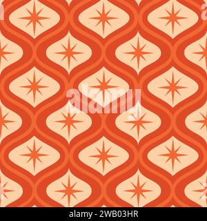 mid century orange atomic starbursts on retro ogee seamless pattern. For textile, wallpaper and fabric Stock Vector