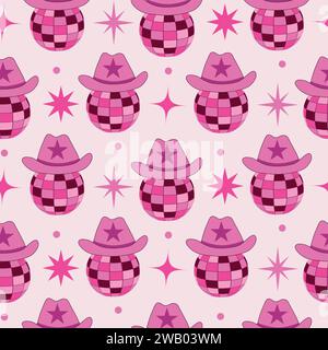 Retro cowgirl hats on groovy pink disco balls seamless pattern with stars. For fabric, textile, wrapping paper and home décor Stock Vector