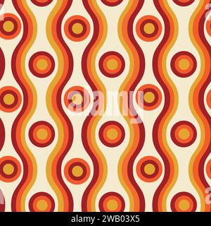 Retro geometric circles on groovy 70s oval ogee curved lines seamless pattern in orange, burgundy and mustard on light cream background. For fabric, w Stock Vector