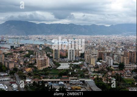 Palermo, Sicily, Italy, December 16, 2023 - Aerial landscape view over the houses and apartment blocks of the city Stock Photo