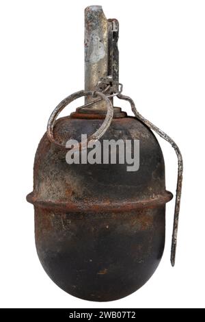 Soviet anti-personnel fragmentation hand grenade, designed in the early 1950s. Rusty after earth. Isolated on white Stock Photo