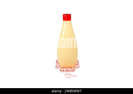 A bottle of Kewpie Mayonnaise isolated on a white background. cutout image for illustration and editorial use. Stock Photo