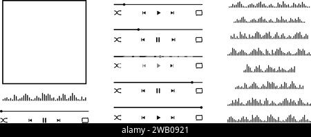 Music player interface creator with album cover frame, buttons, loading bar and sound wave. Elements for audio player app template constructor isolated on white background. Vector graphic illustration Stock Vector