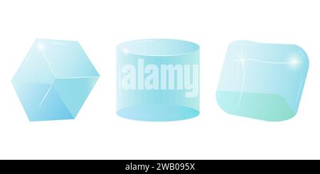 Transparent glass cube shapes in realistic style. Set of geometric shapes. Square podium ice. Poster, banner, and social media design. Vector illustration. Stock Vector