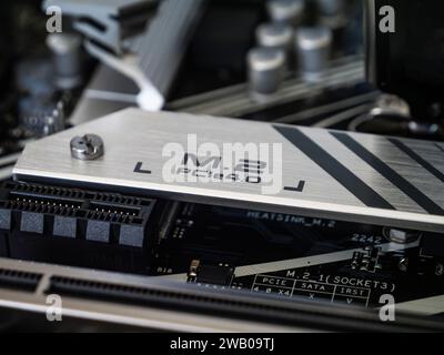 An M.2 M2 PCIe SSD solid state drive storage slot on a motherboard, closeup view, advanced technology, computer science, data management Stock Photo