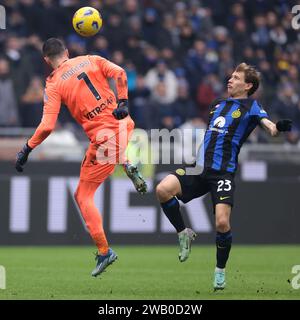 Milan, Italy. 6th Jan, 2024. Lorenzo Montipo of Hellas Verona challenges Nicolo Barella of FC Internazionale during the Serie A match at Giuseppe Meazza, Milan. Picture credit should read: Jonathan Moscrop/Sportimage Credit: Sportimage Ltd/Alamy Live News Stock Photo