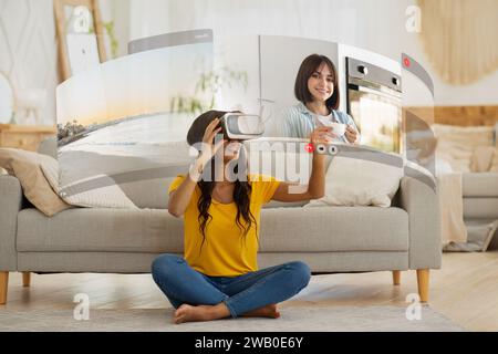Immersed in virtual reality, young african american woman engages in captivating video conversation at home Stock Photo