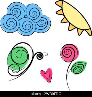 Stylized image of cloud, sun, butterfly, flowering rose and decorative heart shape. Design elements. Isolate. EPS. Vector for pointer, sticker, icon, poster, banner, brochures or other different uses Stock Vector