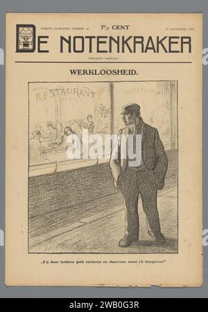 De Notenkraker, November 30, 1907 / Unemployment, Albert Hahn (I), 1907 magazine. print Episode of the satirical magazine De Notenkraker of November 30, 1907, first volume, number 48. Cover with illustration of an unemployed man who sees the richer entrepreneur in a restaurant from the street from the street. Part of a full first volume (1907). Each number contains 8 pages, partly not yet cut, with a cartoon of Albert Hahn on the front, on the other pages of Hahn always between the text. In the letter 'D' of the title, a head of a so -called nutcracker is depicted. print maker: NetherlandsNeth Stock Photo