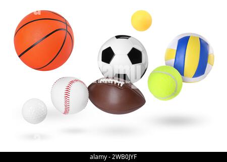 Many balls for different sports flying on white background Stock Photo