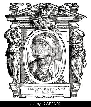 1470 ca , ITALY  : Portrait of Italian Renaissance sculptor and medallist  VELLANO DA PADOVA ( Bartolomeo BELLANO , 1437 c. - 1497 c. ). Portrait engraved from original portrait by painter and memorialist GIORGIO VASARI  ( 1511 - 1574 ), pubblished in ' Le vite de' più eccellenti pittori, scultori e architettori ',  Vol. 3, pubblished by Evangelista Dozza , Bologna , 1648 . - HISTORY - FOTO STORICHE -  PORTRAIT - RITRATTO - ARTE - VISUAL ARTS - ARTI VISIVE - medaglista - medallist - engraving - incisione -  illustration - illustrazione - RINASCIMENTO - ITALIAN RENAISSANCE - SCULTURA - SCULTORE Stock Photo