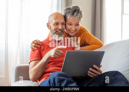 Cheerful Senior Spouses Browsing Internet On Laptop While Relaxing At Home Stock Photo