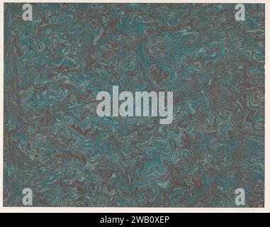 Fantasy marble in two shades of blue, red, brown and silver on orange -brown paper, anonymous, 1900 - 2000 marbled paper   paper. paint (coating). phantasy marbled paper Stock Photo