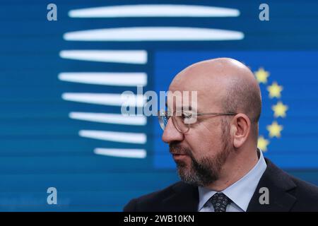(240108) -- BRUSSELS, Jan. 8, 2024 (Xinhua) -- This file photo taken on Dec. 15, 2023 shows European Council President Charles Michel speaking at a press conference during the European Council meeting in Brussels, Belgium. European Council President Charles Michel has informed Belgian media of his decision to run for the election of the Member of European Parliament (MEP) in June, leading to his early departure from the Council presidency in July. (Xinhua/Zhao Dingzhe) Stock Photo