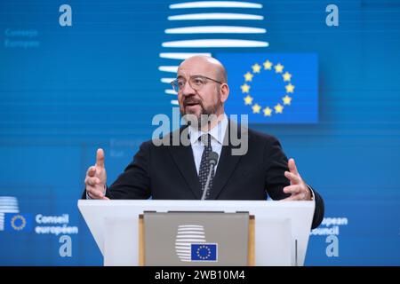 (240108) -- BRUSSELS, Jan. 8, 2024 (Xinhua) -- This file photo taken on Dec. 15, 2023 shows European Council President Charles Michel speaking at a press conference during the European Council meeting in Brussels, Belgium. European Council President Charles Michel has informed Belgian media of his decision to run for the election of the Member of European Parliament (MEP) in June, leading to his early departure from the Council presidency in July. (Xinhua/Zhao Dingzhe) Stock Photo