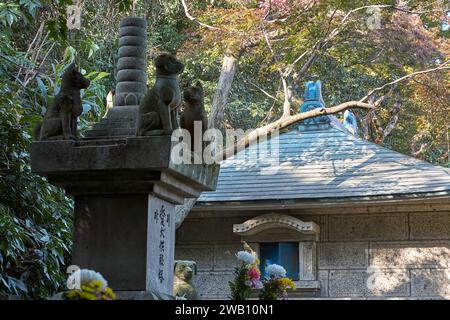Nagoya, Japan - November 20, 2007: An altar with the statues of dogs and cat at the area which is dedicated to the dead pets near the pet cementery at Stock Photo