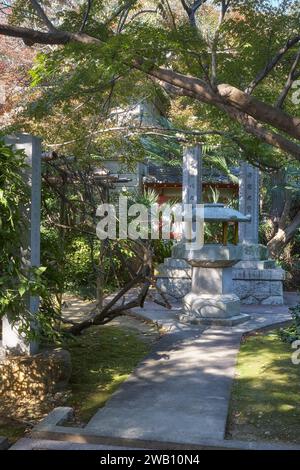 Nagoya, Japan - November 20, 2007: The stone pass to the building through the thick green in the Toganji temple at autumn. Nagoya. Japan Stock Photo