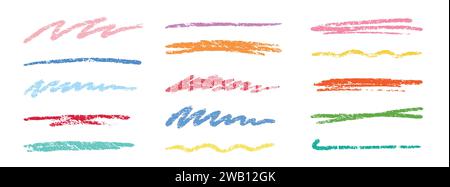 Crayon brush stroke color underline. Chalk pen highlight stroke. Vector hand drawn brush underline element set for accent, crayon texture emphasis element. Color kid chalk vector illustration Stock Vector