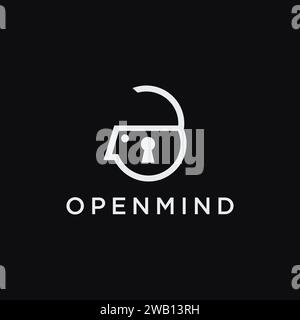 abstract minimalist open padlock human brain logo icon vector template on black background Stock Vector