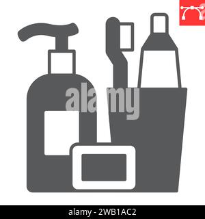 Toiletries glyph icon, grocery store and hygiene kit , toothbrush with toothpaste and bottle of soap vector icon, vector graphics, editable stroke sol Stock Vector
