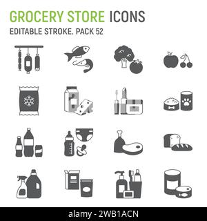 Grocery store glyph icon set, food collection, vector graphics, logo illustrations, supermarket departments vector icons, food and drinks signs, solid Stock Vector