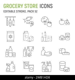Grocery store line icon set, food collection, vector graphics, logo illustrations, supermarket departments vector icons, food and drinks signs, outlin Stock Vector