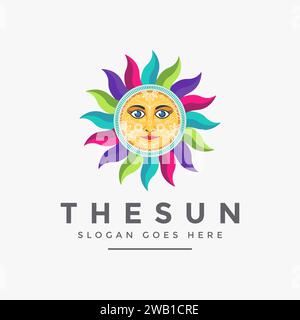colorful modern traditional ethnic sun face logo vector icon on white background Stock Vector