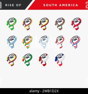 Complete collection of spirit rising fist hand South America flag vector set Stock Vector