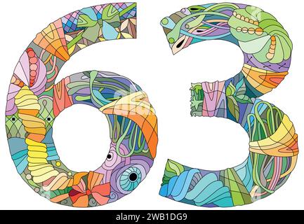 Sixty-three number Isolated zentangle illustration for decoration Stock Vector