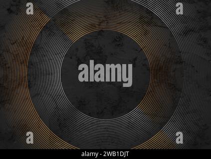 Contrast golden and silver circles on black grunge background. Vector design Stock Vector