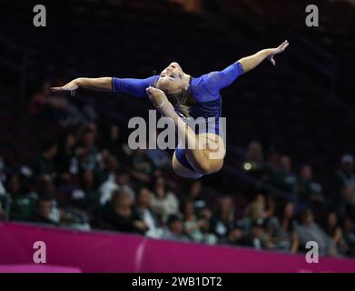 January 5, 2024:  Kentucky's Raena Worley competes on the floor exercise during Session 2 of the Mean Girls Super 16 Gymnastics Championships meet at the Orleans Arena in Las Vegas, NV.  Kyle Okita/CSM (Credit Image: © Kyle Okita/Cal Sport Media) Stock Photo