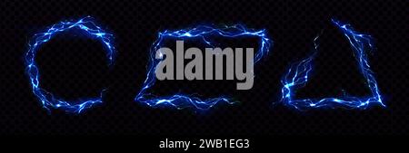 Blue frames made of glowing neon lightning. Realistic vector set of round and triangle shape borders from thunder bolts. Magic electric energy power framework on dark transparent background Stock Vector