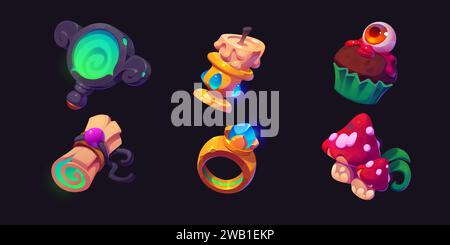 Wizard or magician game cartoon icons set. Vector magic witch staff - fantasy glow mirror and candle, cupcake with eye on top and poisonous mushrooms, scroll of ancient paper and ring with gem. Stock Vector